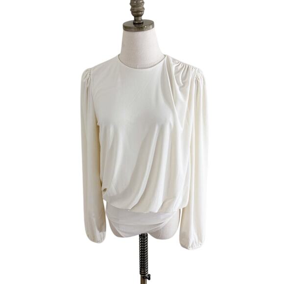 Express Cream Long Sleeve Blouson Bodysuit Size Medium Draped Detail Crew Neck - Picture 7 of 8